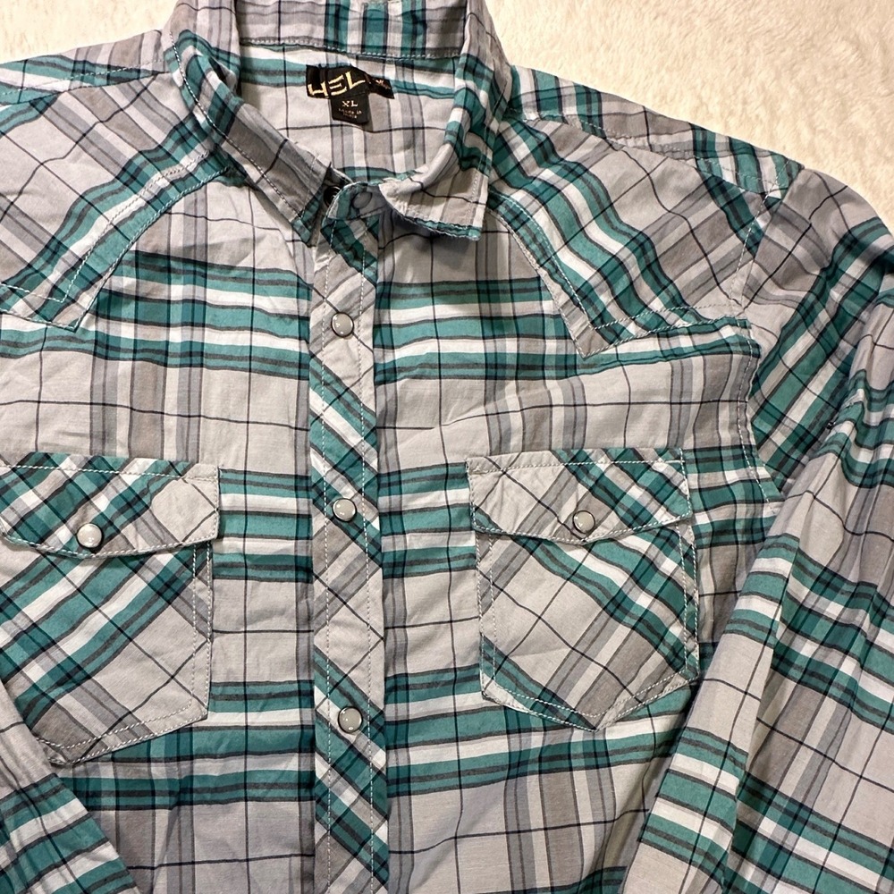 Helix Mens XL Teal Grey Plaid Western Pearl Snap Roll Tab Long Sleeve Shirt - Picture 3 of 9